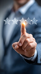 Business professional touching virtual holographic star rating, indicating top performance and high customer satisfaction level