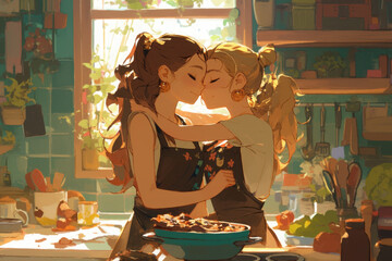 Couple hugging in kitchen, surrounded by warm morning light filtering through window.