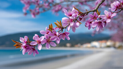 Delicate pink plum blossoms blooming on tree branch, highlighting soft pastel foreground with blurred beach, gentle waves, distant structures under bright spring sunlight