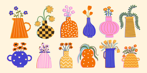 Set of contemporary art flowers in colorful vases. Abstract floral bouquets in geometric style. Trendy plants drawings. Vector graphic
