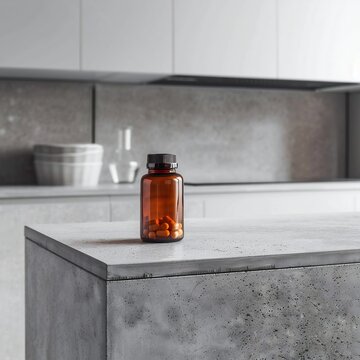 A small amber bottle filled with capsules sits on a modern light grey kitchen counter, surrounded by minimalist white cabinetry.