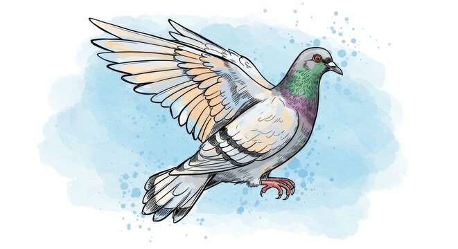 flying pigeon drawing with colour pencil