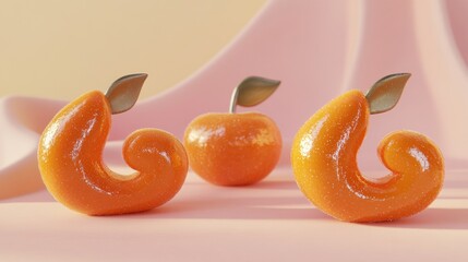 Three stylized orange fruits on a pink background