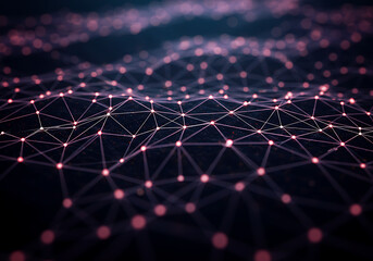 Illuminated Network Pink Nodes and Lines Interconnecting in a Dark Space