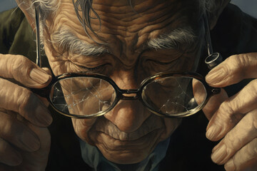 Older man with glasses examining his eye closely.
