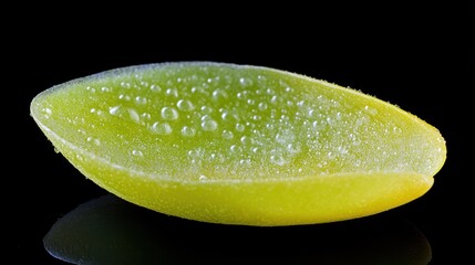 A translucent, pale green leaf segment, glistening with water droplets, rests on a reflective black surface