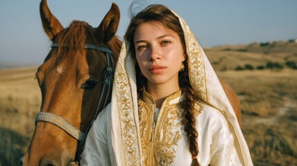 Obraz premium Young woman in traditional attire standing beside a horse in a sunlit golden landscape