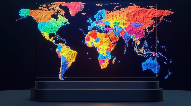 Fototapeta Colorful digital world map displayed on a dark stand.