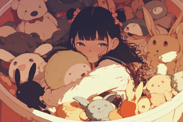 Girl surrounded by stuffed animals in a cozy bedroom, smiling as she sits in the middle clutching a teddy bear, colorful toys scattered around her.