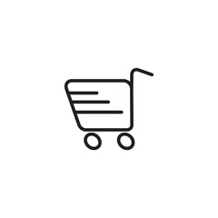 A simple, outlined shopping cart icon with a handle, basket lines, and four wheels.