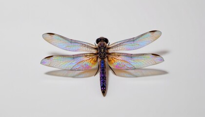 a glowing dragonfly, white background, iridescent wings, slender body, 4k resolution