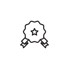 A simple line drawing shows a round, wavy-edged badge with ribbons hanging below. A five-pointed star is centered on the badge. This often represents quality or achievement.