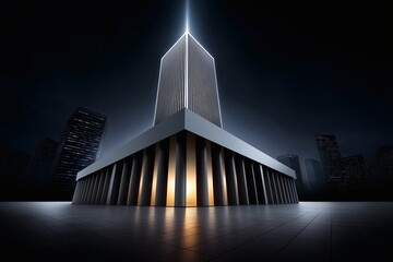 Naklejka premium Modern banking structure symbolizing economic power urban landscape architecture nighttime futuristic concept