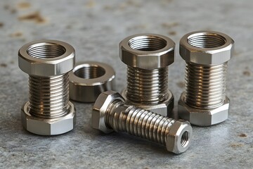 Close-up of stainless steel bolts and nuts for industrial and mechanical applications