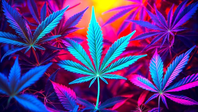 Vibrant neon cannabis leaves with rainbow gradient effects