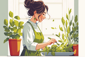 Woman in apron watering plants in lush garden, sunlight filtering through leaves, colorful flowers blooming, serene atmosphere evoking care and tranquility.