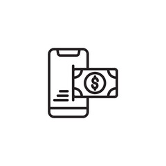 A simple line art icon depicts a smartphone with a dollar bill emerging from its side, suggesting mobile payment or digital currency transfer.