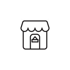 A simple line art icon of a storefront with a wavy awning and a door. An upward-pointing triangle is above a horizontal line on the door.