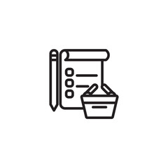 A simple line art icon shows a notepad with three bullet points and short lines. A pencil is positioned vertically to the left, and a shopping basket is to the right, suggesting a shopping or grocery 