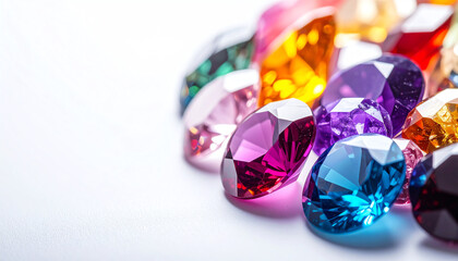 Fototapeta premium A vibrant assortment of colorful gemstones showcasing various cuts and hues, reflecting light beautifully against a white background