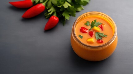 Refreshing cold mango soup garnished with cilantro and red pepper slices served in a glass bowl on dark surface with fresh herbs and chili peppers nearby