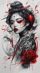 A Japanese woman in a kimono, adorned with red hair ornaments, dramatic makeup, and elaborate tattoos, exudes serenity and rebellion in a vibrant, contrasting composition.