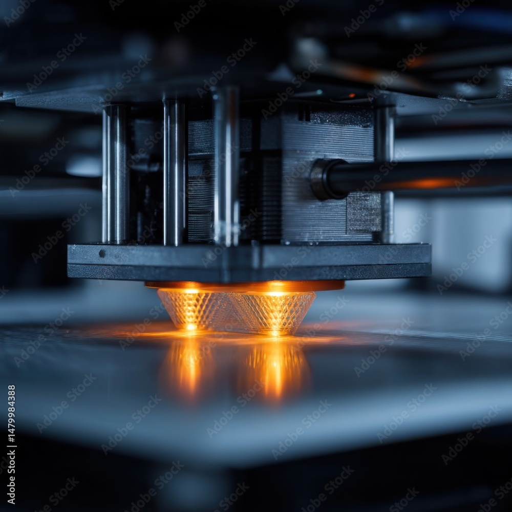 Leinwandbilder close-up of 3d printer in action creating object with orange light from nozzle in modern manufacturi