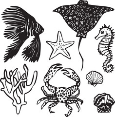 Vector hand drawn composition with sea creatures. Set of silhouettes and outline illustrations