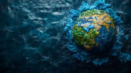 Earth globe made of plastic waste floating in the ocean.