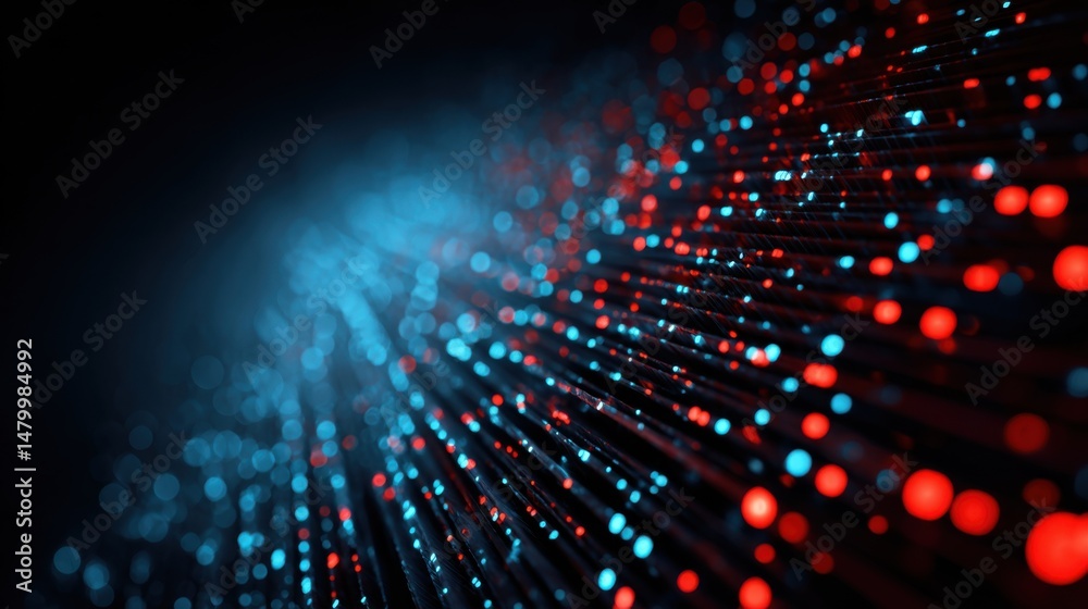 Poster Abstract Data Stream Visualization with Red and Blue Lights on Dark Background Macro Shot for Technology Concept