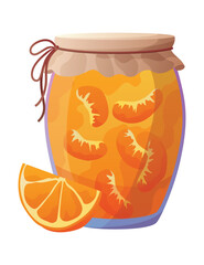 Jam jar with slice of orange. Homemade berries and fruit jam, natural organic product. Breakfast food, sweet fruit dessert vector illustration. Winter pot on white background
