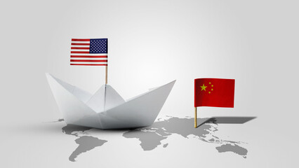 Paper boat with the USA flag and China flag on the map with a white background. Concept of the...