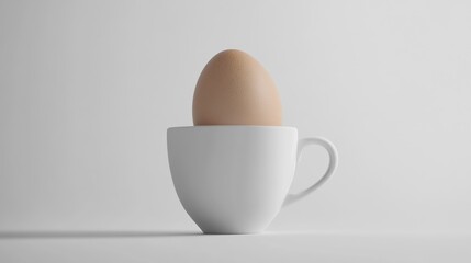 A single brown egg rests in a small, simple white cup against a plain white background