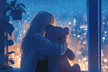 Girl hugs teddy bear by window, soft sunlight beams in, casting a warm glow on their peaceful moment.