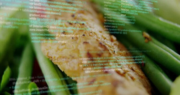 Grilled chicken breast floating over green beans, streaming code snippets blending food and tech