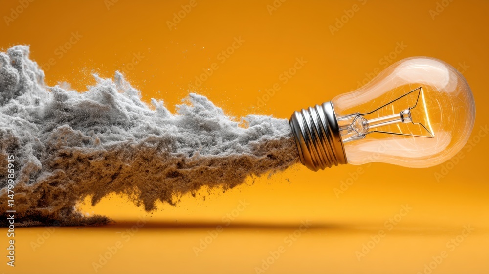 Poster Lightbulb Emitting Cloud of Dust Against Yellow Backdrop Studio Shot Conceptual Innovation Creativity Idea Generation