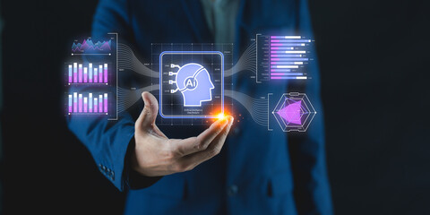 A businessperson holds a glowing graphic with AI, data analytics, and digital charts representing...