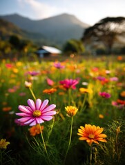 Obraz premium Vibrant Cosmos Flowers Blooming in Field at Sunset, Close-Up View, Mountain Backdrop, Golden Hour Lighting, Serene Landscape, Thailand