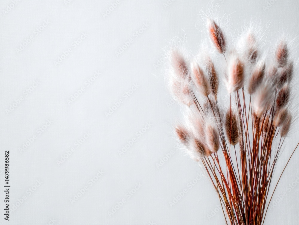Poster minimalist still life of dried bunny tail grass against a white background in a studio setting close