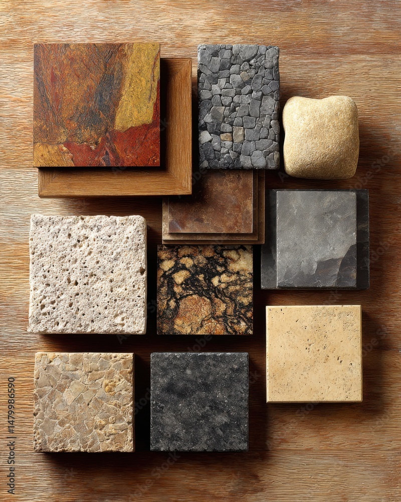 Poster stone tile samples overhead close up on wood surface for interior design material selection and home