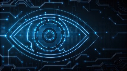 Glowing circuit board eye with technological iris suggests artificial intelligence dominance and future surveillance