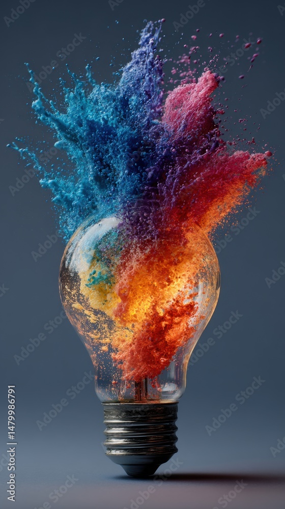 Poster Lightbulb Exploding with Vibrant Colors Abstract Concept Art Close Up Studio Shot Idea Generation Innovation