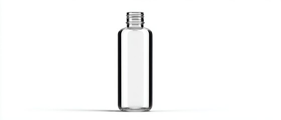 Clear glass bottle standing upright in studio shot on white background showcasing minimalist design and transparency for product mockups