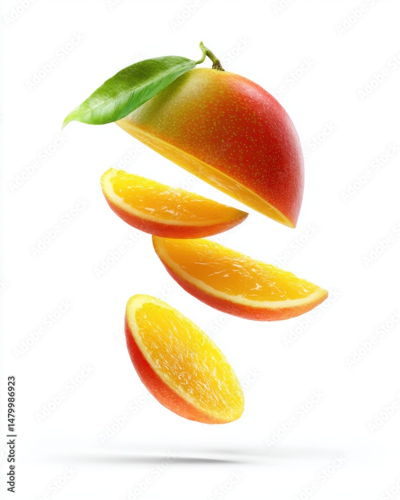 Poster sliced mango and orange segments floating in midair on white background studio shot still life