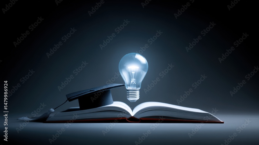 Aufkleber Conceptual Shot of Open Book with Graduation Cap and Glowing Lightbulb Against Dark Background for Education Success