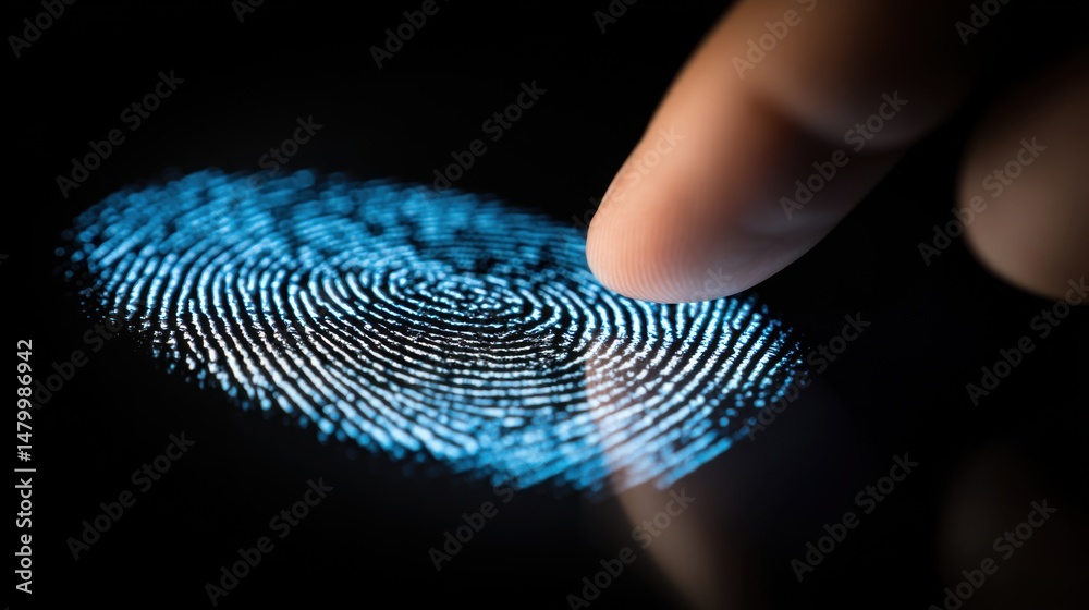 Aufkleber Finger touching glowing fingerprint scanner close up macro security authentication technology concept dark background