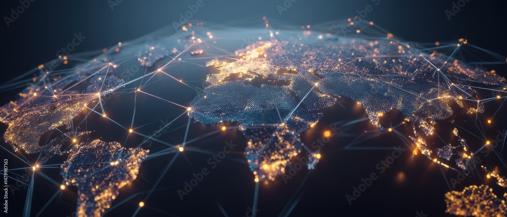 Poster Global Network Connectivity Map Illustration with Lighted Cities and Data Transfer Lines on Dark Background