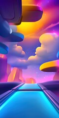 Cosmic highway to purple sky. Background is a cartoon cloudscape. For Sci-Fi