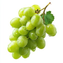 Fresh green grapes with water droplets studio shot on white background close up of healthy fruit with stem and leaf