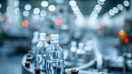 Water bottles on conveyor belt in factory close up industrial production line manufacturing process automation technology